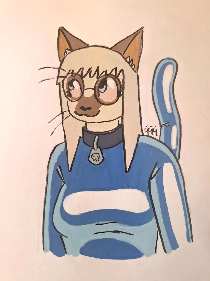 Siamese cat girl in a blue latex bodysuit and gray collar.