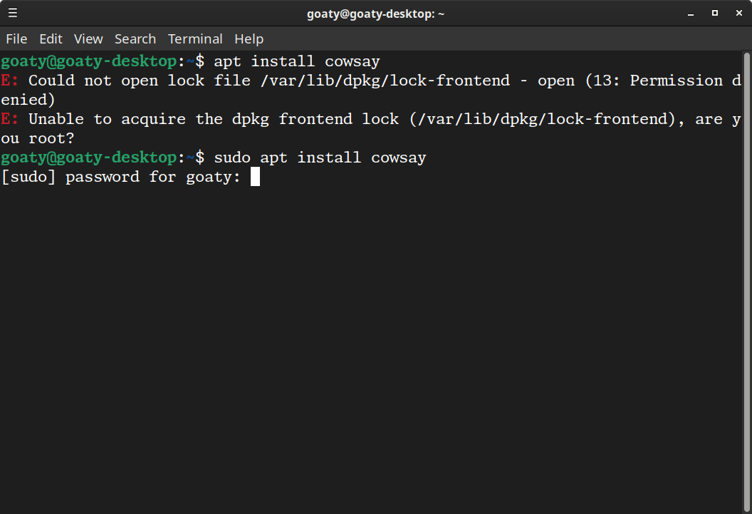 Terminal showing an error message asking if I'm root