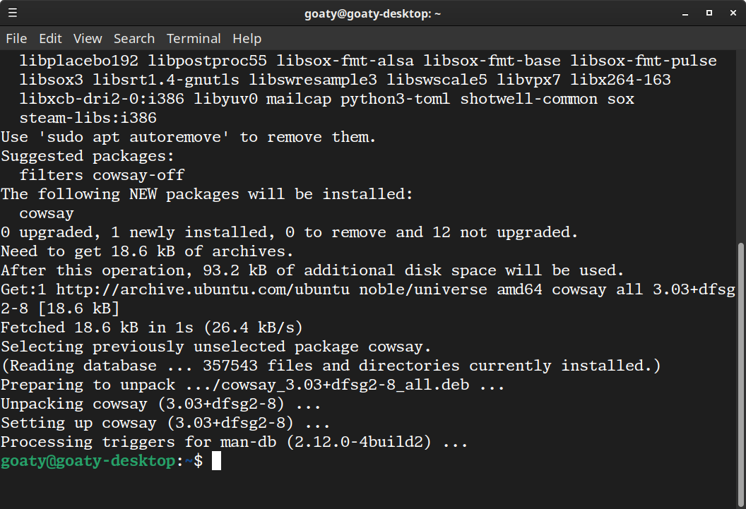 Terminal showing that cowsay is being installed