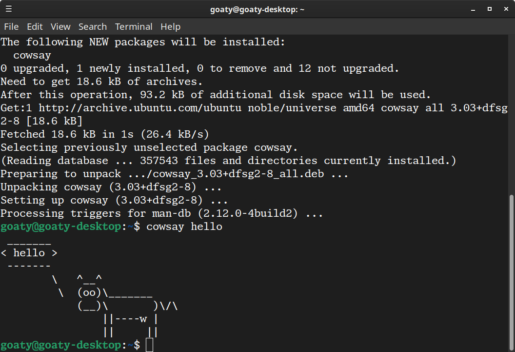 Terminal showing ascii art of a cow saying hello