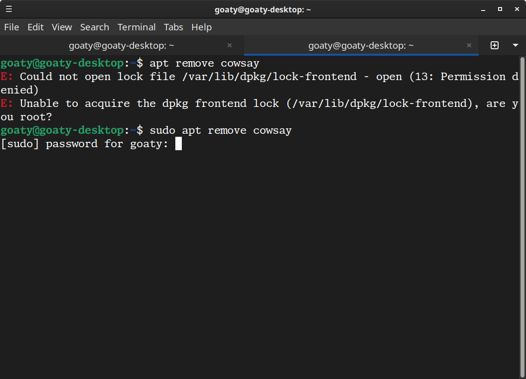 Terminal showing an error asking if I'm root, followed by the command run as sudo asking for my password