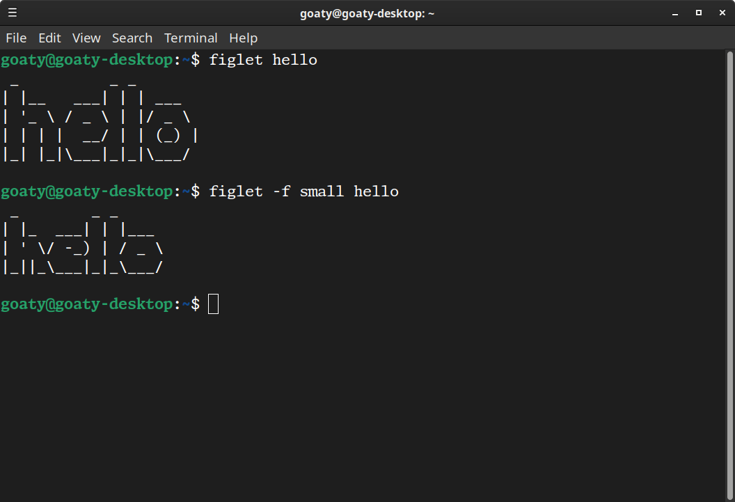 Terminal showing stylized ASCII text generated with figlet