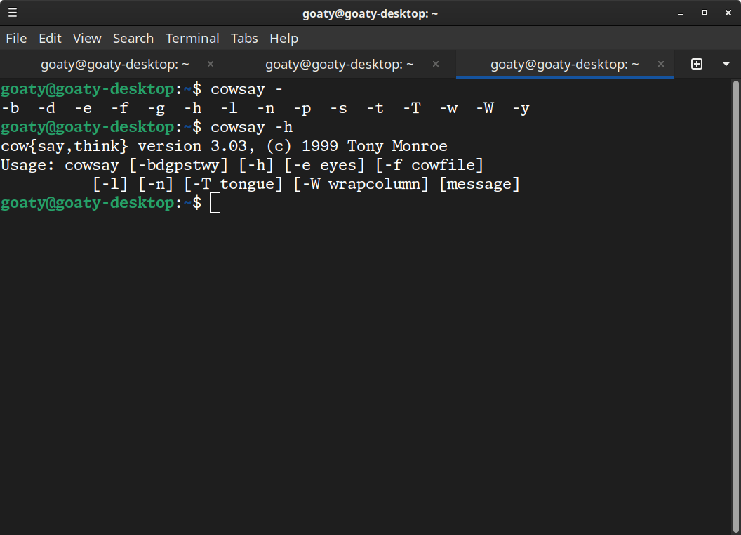 Terminal showing arguments for cowsay and the output of cowsay -h