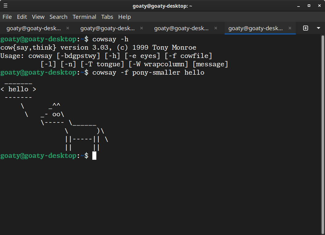 Terminal showing a pony saying hello instead of a cow