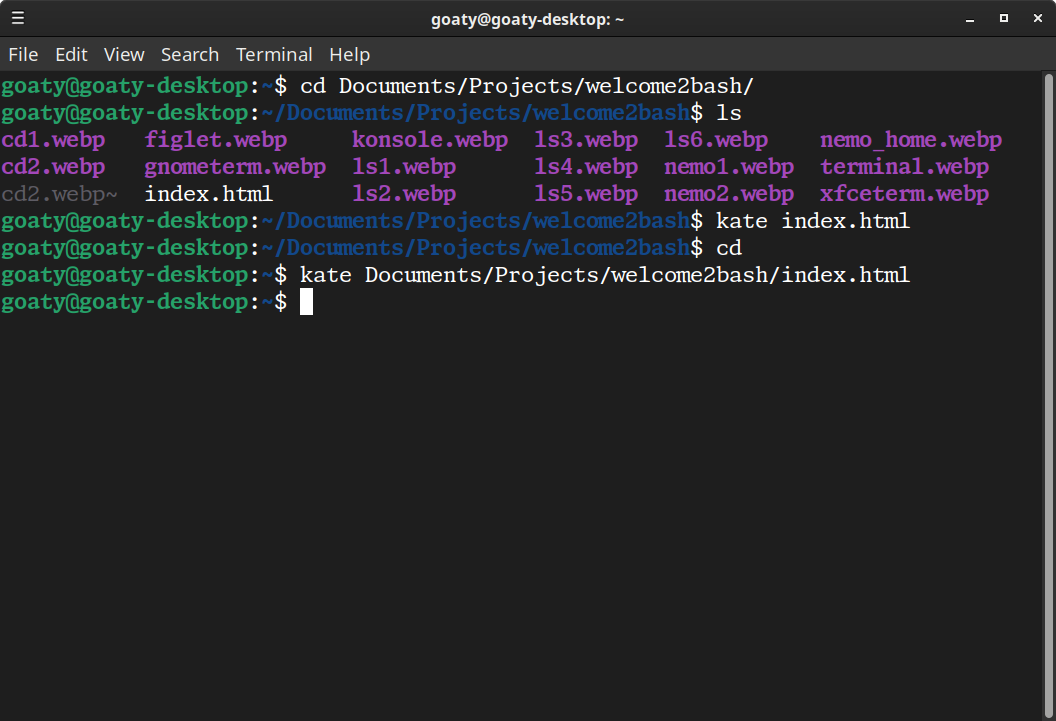Terminal showing movement between directories and using kate to open index.html