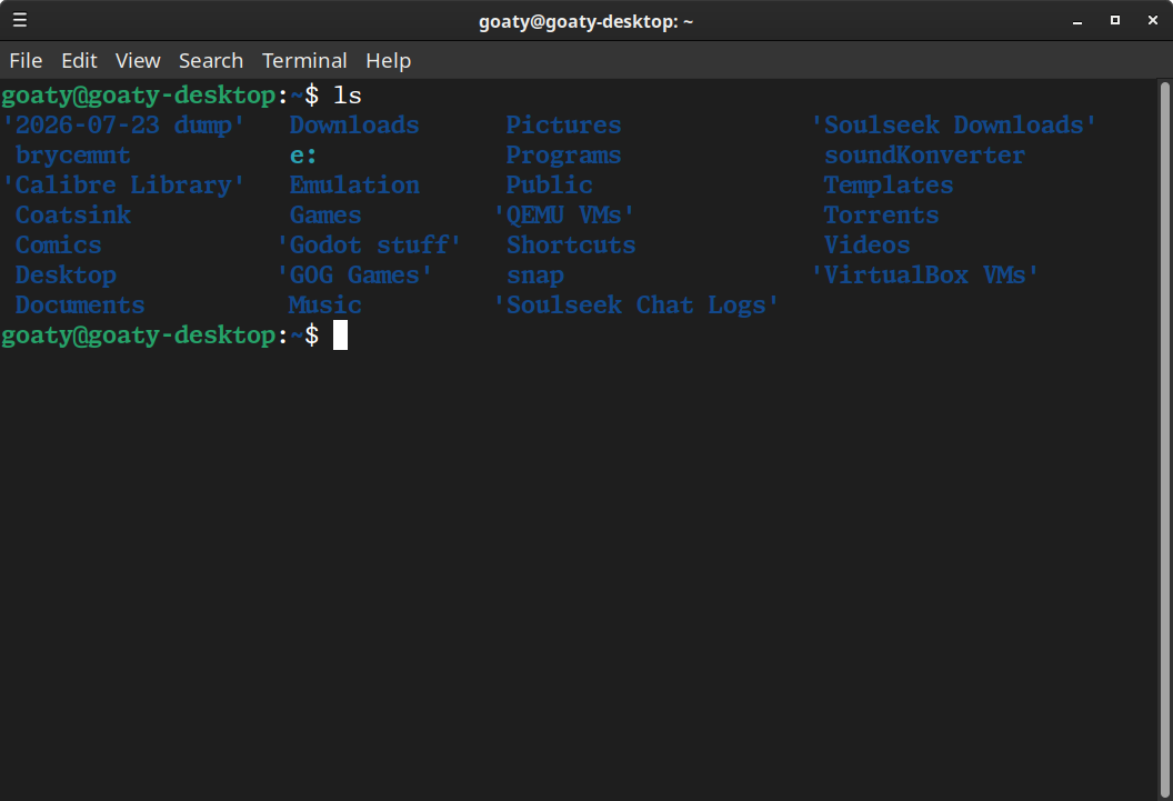 Terminal showing the contents of my home folder; Documents, Downloads, Desktop, Pictures, Videos, etc