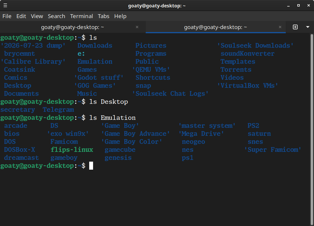 Terminal showing the results of 'ls Desktop' and 'ls Emulation' revealing the contents of each folder