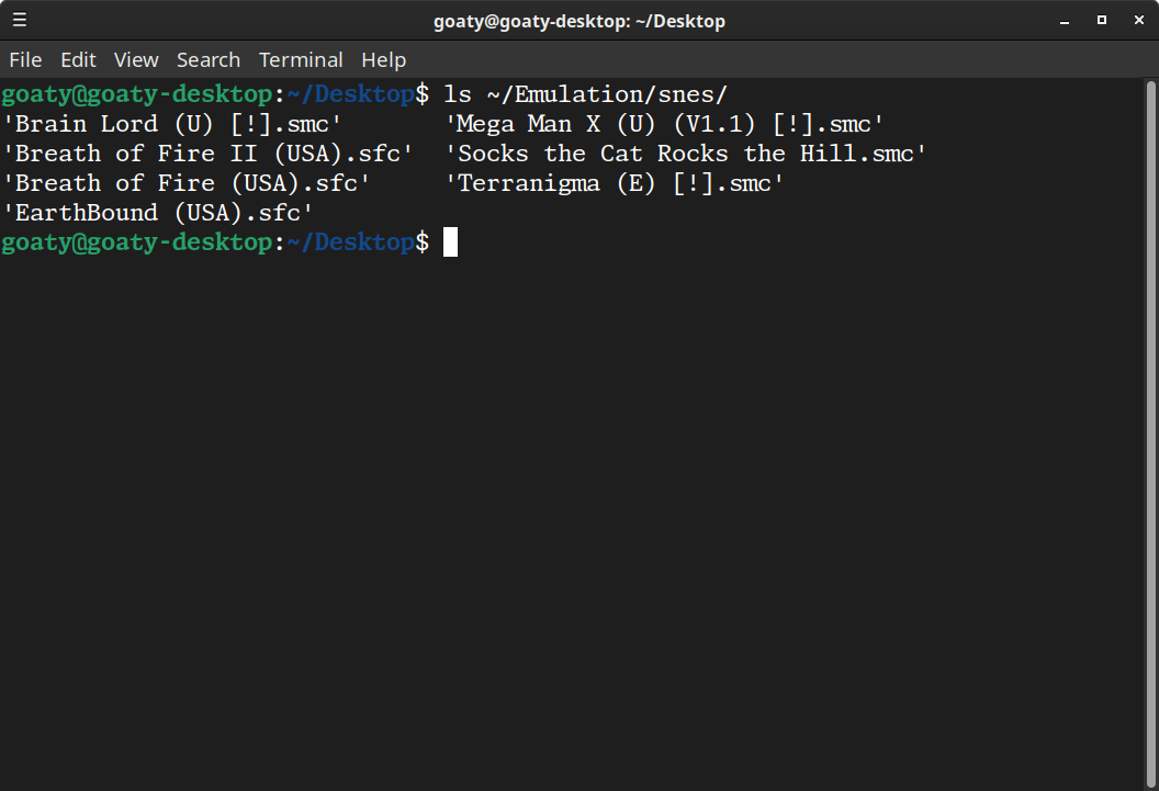 Terminal showing the results of 'ls ~/Emulation/snes' revealing my SNES roms