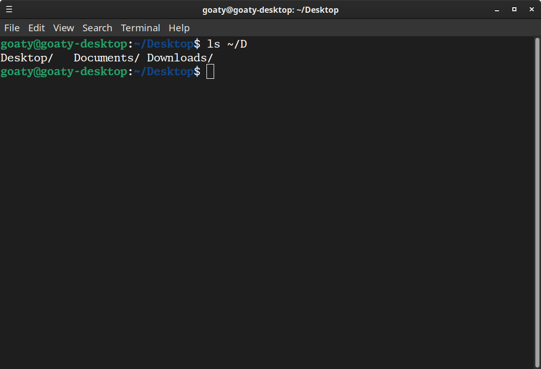 Terminal showing results for pressing tab after 'ls ~/D' including Desktop, Documents, and Downloads