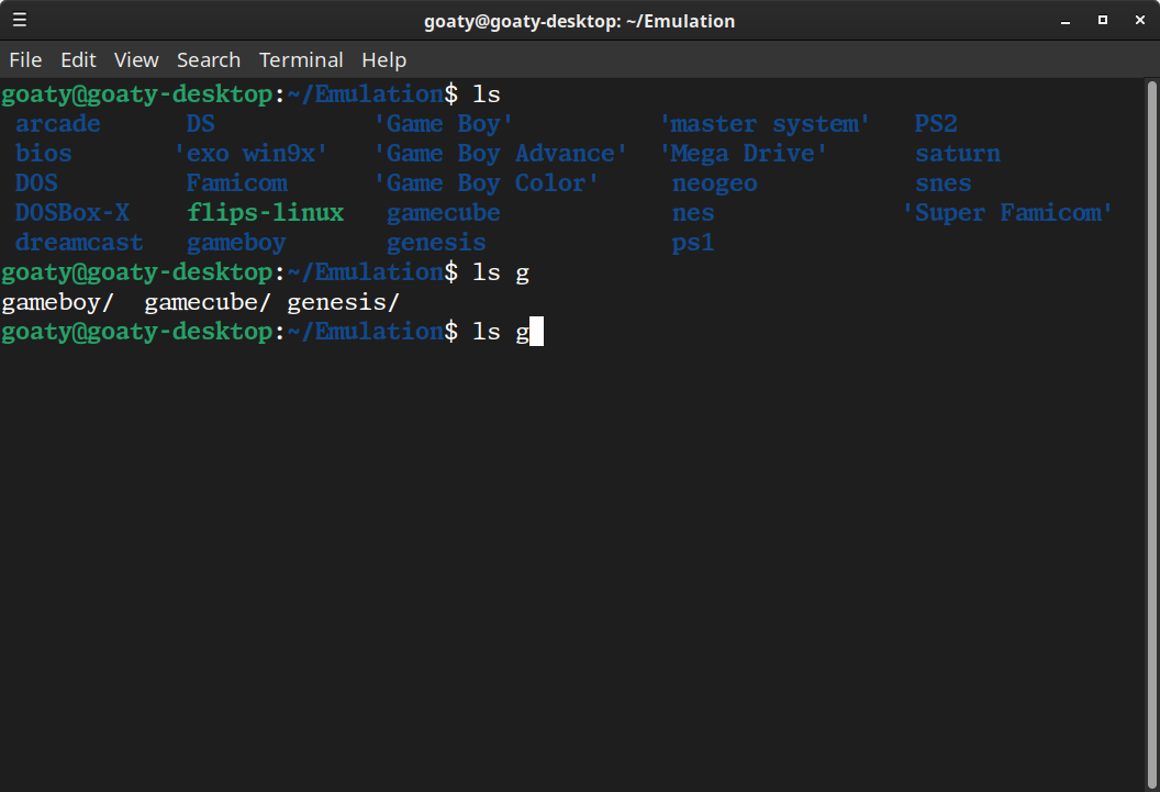 Terminal showing contents of my Emulation folder and then showing only folders that start with g