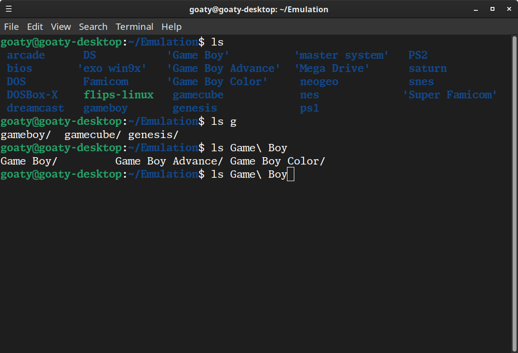 Terminal showing folders that start with capital G, in this case all of which start with Game Boy