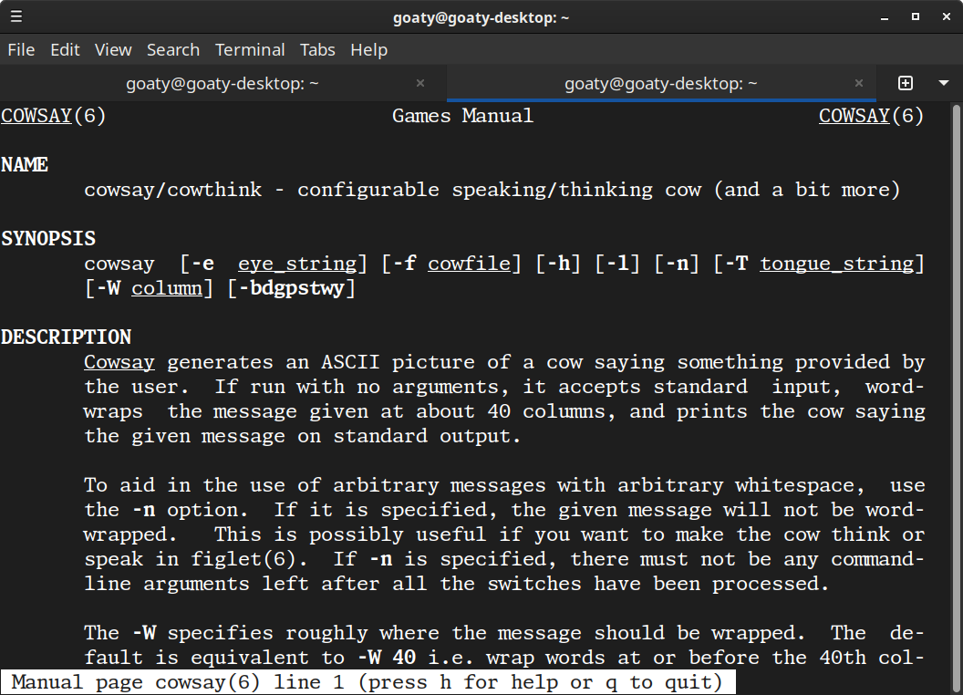 Terminal showing man page for cowsay
