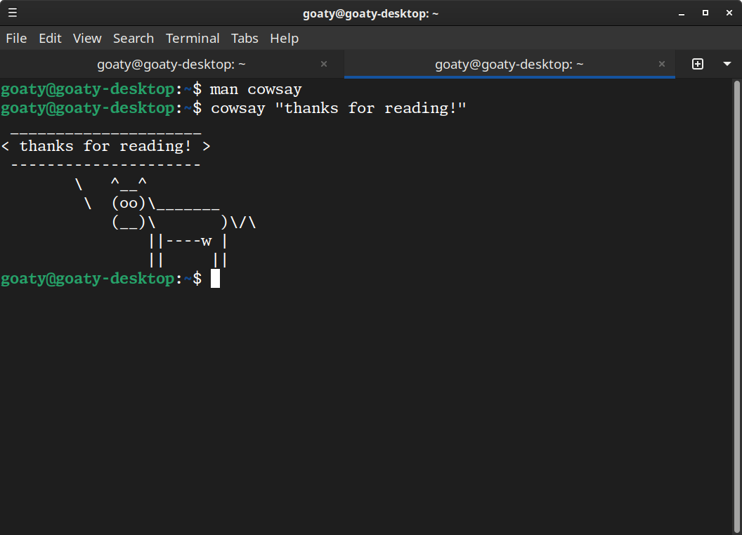 Terminal showing that man cowsay has finished running, followed by a cow saying 'thanks for reading!'