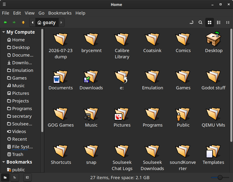 Nemo file manager showing my home folder with the same folders in it as the terminal shows